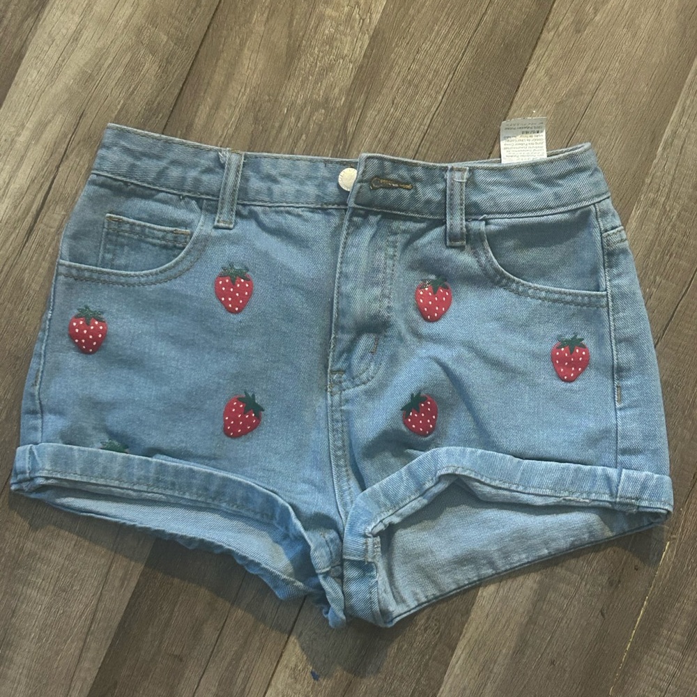 Denim Shorts with Strawberry Print